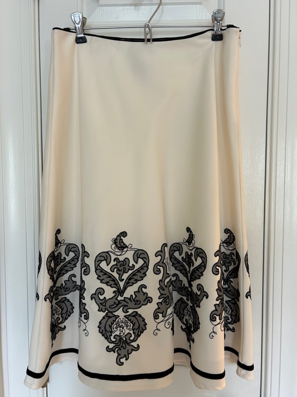 White House Black Market Cream A-Line Skirt with Black Embroidered Border
